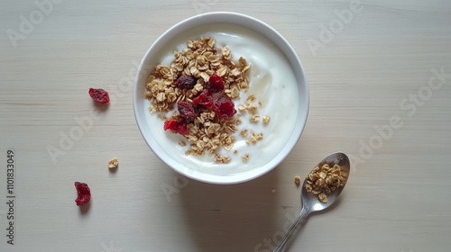 Delicious yogurt bowl topped with granola and cranberries served in a white dish