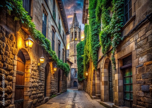 Narrow Alleyway Leading to a Majestic Gothic Tower in Barcelona, Capturing the Intricate Architecture and Atmospheric Shadows of the Historic Cityscape