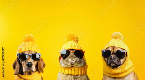 Obraz na płótnie Delightful Dogs Wearing Bright Yellow Hats and Stylish Sunglasses for Fashionable Flair. Christmas banner with copy sapce for sale text. w salonie