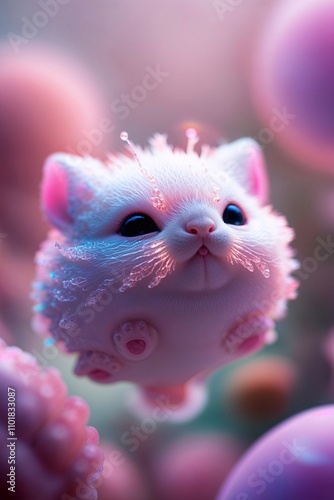 Cute cartoon pink character on blurred blue background. Illustration