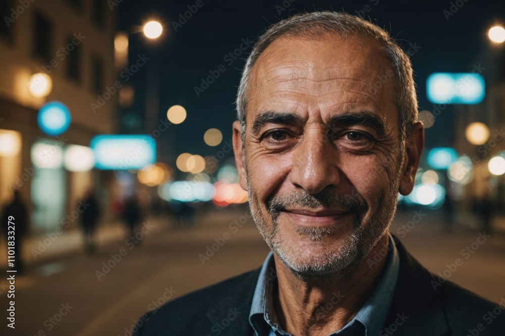 Close portrait of a smiling senior Jordanian man looking at the camera, Jordanian city outdoors at night blurred background Close portrait of a smiling senior Jordanian man looking at the camera, Jordanian city outdoors at night blurred background