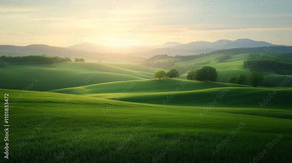 serene landscape featuring rolling green hills under soft sunrise, with gentle light illuminating lush grass and distant mountains.