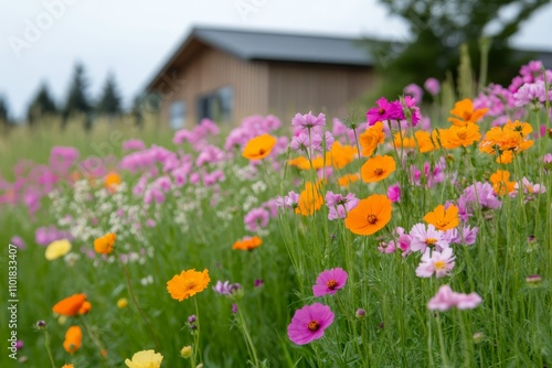 Vibrant wildflowers blooming in a meadow near a rustic wooden cabin on a clou...