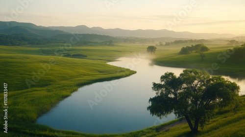 serene landscape featuring calm river winding through lush green fields, surrounded by distant mountains and misty atmosphere at sunrise.