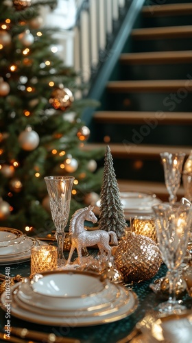Elegant holiday dining setup with silver horse decor and twinkling lights in ...