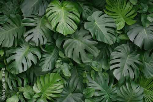 Dense arrangement of tropical green leaves covering the ground in a natural s...