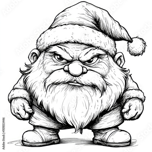 A detailed black and white drawing of a grumpy dwarf with a Santa hat, featuring a bushy beard and expressive facial features, ideal for Christmas cards or comics.