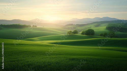 serene landscape featuring rolling green hills under soft sunrise, with gentle light illuminating lush grass and distant mountains.