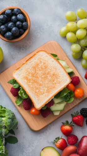 Fresh vegetable sandwich on wooden board surrounded by assorted healthy ingre...