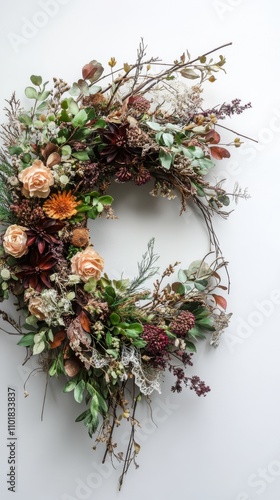 Decorative autumn wreath with floral details and natural elements for seasona...