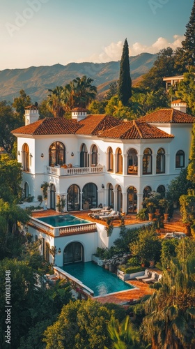 Luxurious villa with a pool surrounded by lush greenery in a mountainous region