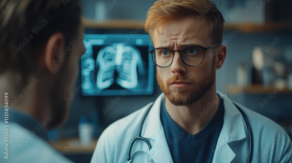 A focused doctor examines a patient, displaying concern in a medical setting with x-ray images in the background. A focused doctor examines a patient, displaying concern in a medical setting with x-ray images in the background.