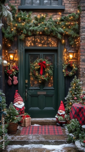 Charming holiday entrance adorned with wreath, lights, and festive decorations