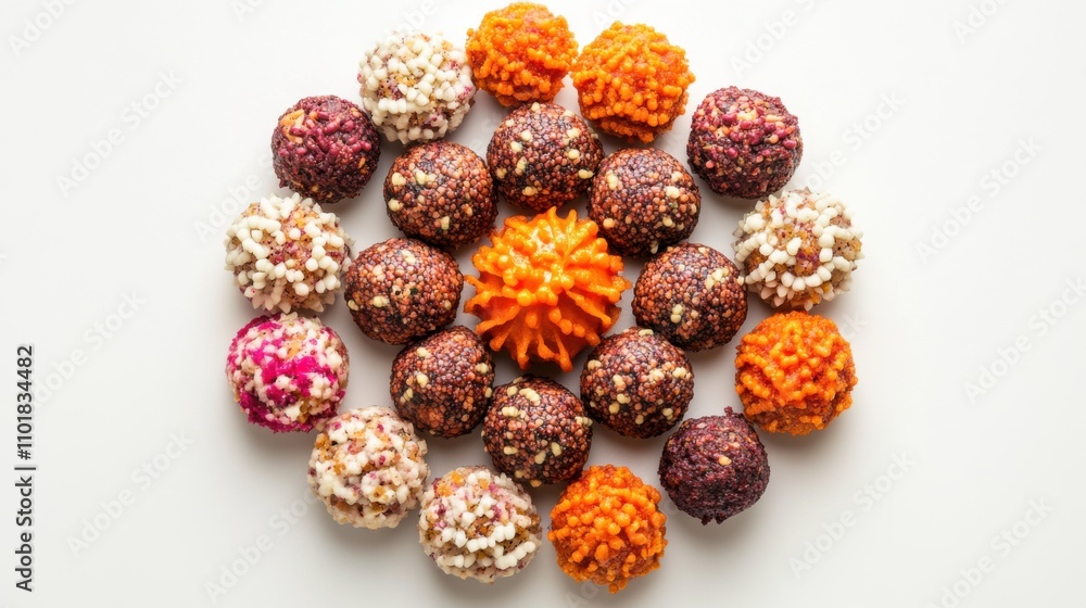 Traditional Indian Laddu arranged symmetrically Traditional Indian Laddu arranged symmetrically