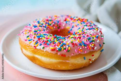 Donut with pink frosting and rainbow sprinkles on white plate against pastel background