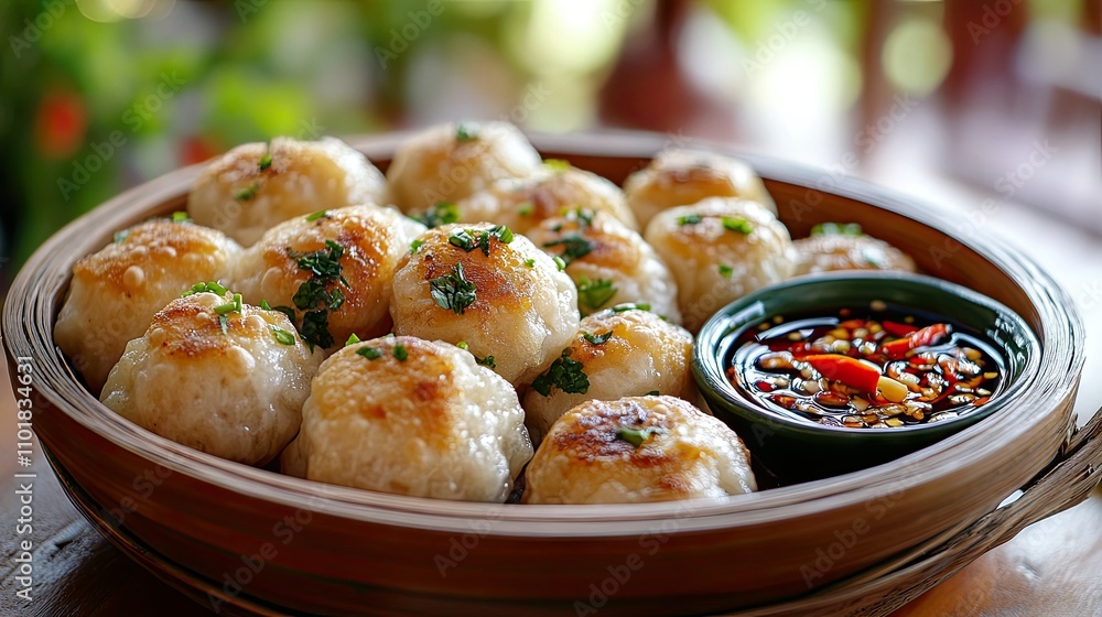 A steaming dish of dumplings served with a bowl of fish sauce and chili slices as the dipping sauce. A steaming dish of dumplings served with a bowl of fish sauce and chili slices as the dipping sauce.