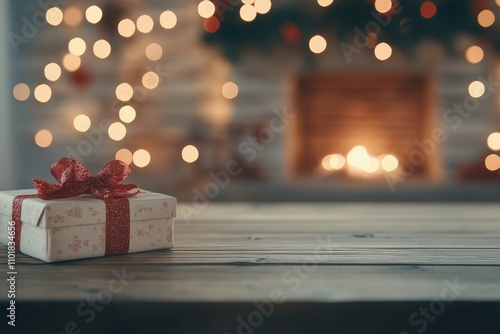 Holiday gift on a wooden table with a fireplace and blurred lights in the bac...