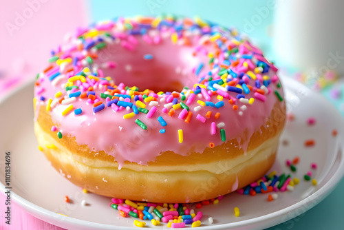 Pink frosted donut with multicolored sprinkles served on white plate with pastel background