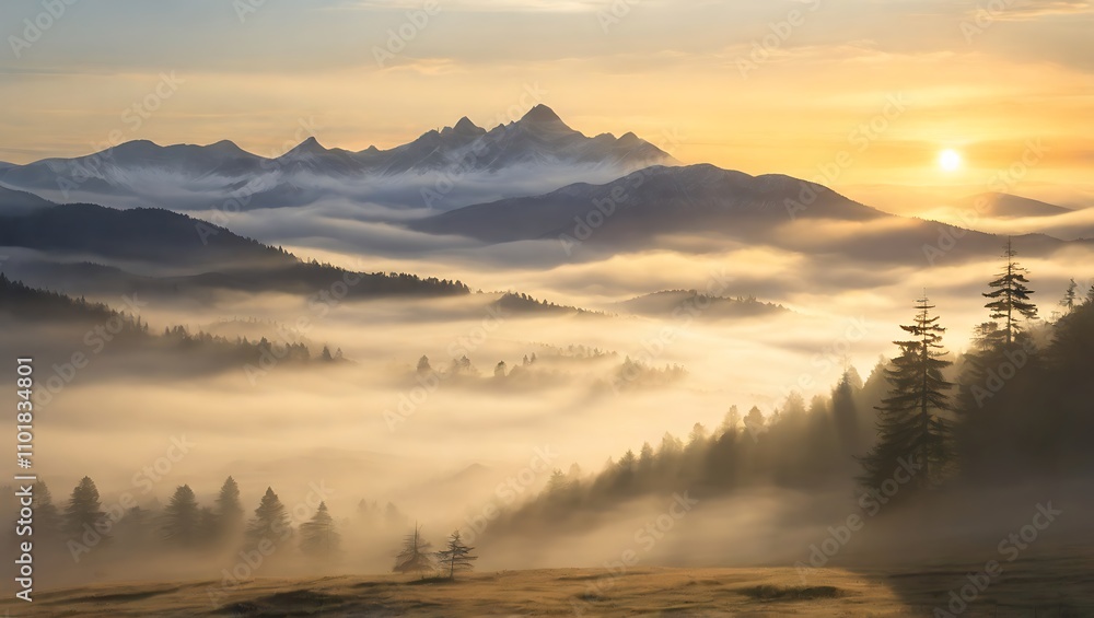 Obraz premium Sunrise Over Misty Mountains