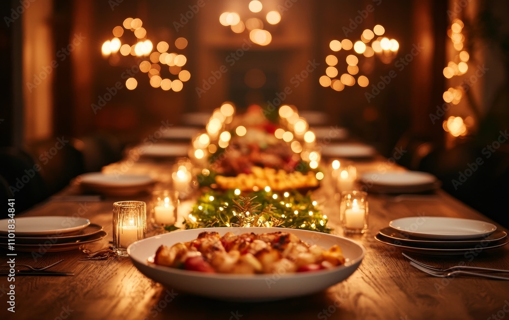 Obraz premium A beautifully set dining table with a festive arrangement, glowing candles, and a delicious spread, creating a warm and inviting atmosphere.