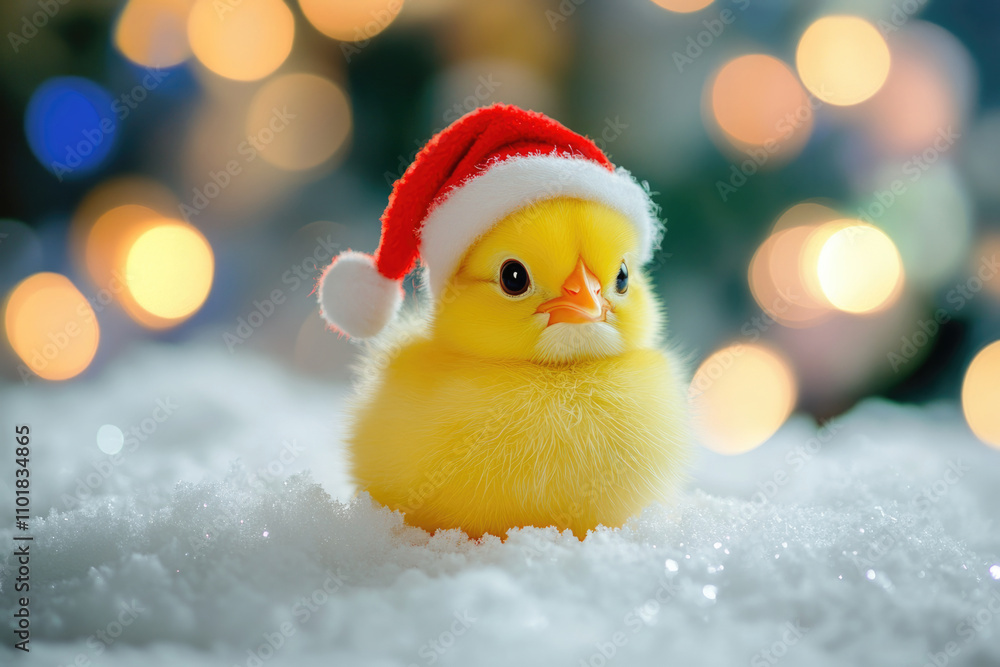 A delightful yellow chick wears a festive Santa hat, perched in soft snow, capturing the joy and whimsy of the holiday season in this cute and lively illustration. A delightful yellow chick wears a festive Santa hat, perched in soft snow, capturing the joy and whimsy of the holiday season in this cute and lively illustration.