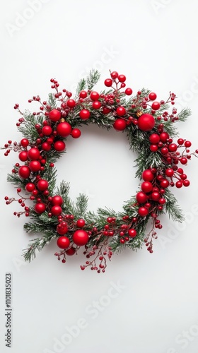 Festive red and green wreath with pinecones and ornaments for holiday decor