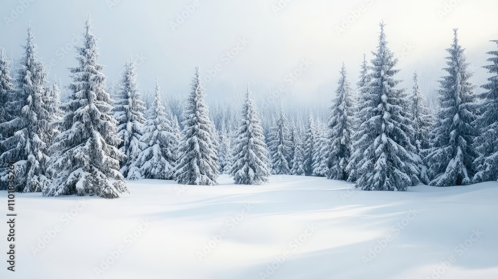 Beautiful winter landscape of a snow-covered forest in the mountains, presenting an ideal Christmas scene with snowy dendritic spruce trees and ample space for copy. Beautiful winter landscape of a snow-covered forest in the mountains, presenting an ideal Christmas scene with snowy dendritic spruce trees and ample space for copy.