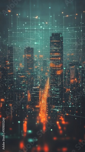 City skyline illuminated by neon lights creating a futuristic atmosphere duri...