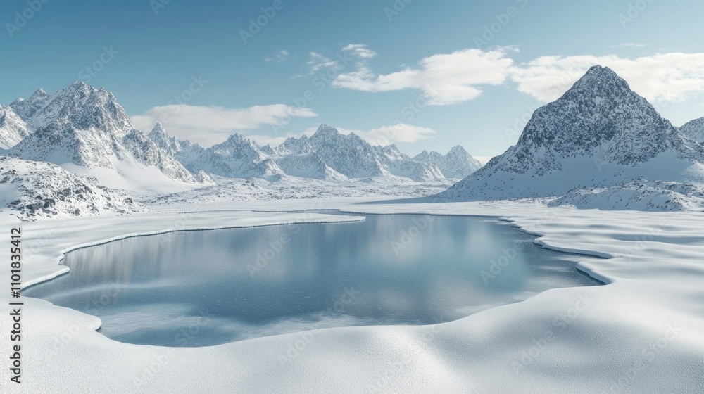 Vast young frozen lake in a pristine environment, encircled by glaciers and snow-draped mountains creates a breathtaking winter scene. Ideal for capturing natural beauty in extreme outdoor settings. Vast young frozen lake in a pristine environment, encircled by glaciers and snow-draped mountains creates a breathtaking winter scene. Ideal for capturing natural beauty in extreme outdoor settings.