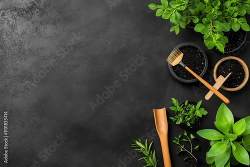 Preparing fresh herbs for planting in pots on a dark background with gardenin...