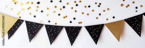 Decorative black and golden bunting with stars for a festive celebration setup