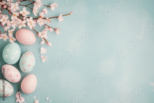 Colorful Easter eggs surrounded by spring flowers on a blue background