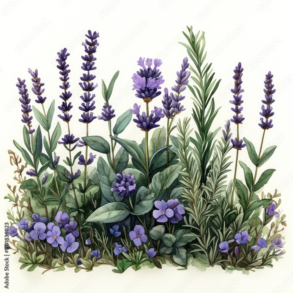 Obraz premium A vibrant illustration of various purple flowers and greenery in a natural setting.