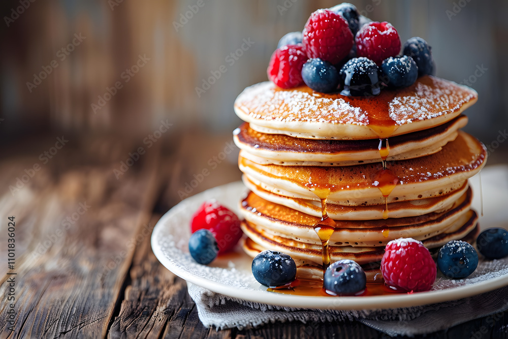 Fluffy ricotta pancakes with berries, powdered sugar, and honey on white plate Fluffy ricotta pancakes with berries, powdered sugar, and honey on white plate