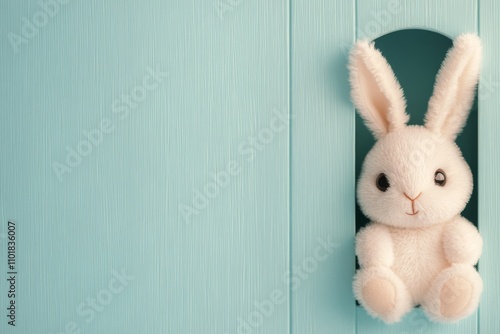 White rabbit peeking from a hole in a mint green background during daylight h...