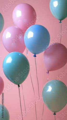 Colorful balloons float against a pink background for celebration and decorat...