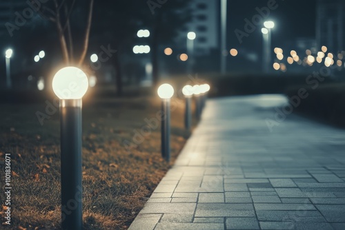 Soft lights illuminate urban stairs during evening hours in a serene setting