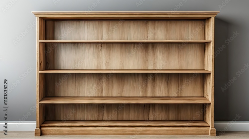 Empty wooden bookcase against a grey wall, offering a minimalist aesthetic. The wooden bookcase presents ample copy space for a clean, stylish look. Empty wooden bookcase against a grey wall, offering a minimalist aesthetic. The wooden bookcase presents ample copy space for a clean, stylish look.