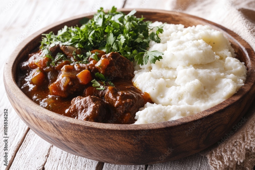 A wooden bowl filled with creamy mashed potatoes and savory meat, perfect for comfort food or rustic table setting A wooden bowl filled with creamy mashed potatoes and savory meat, perfect for comfort food or rustic table setting