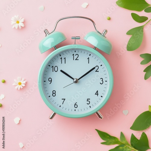 Vintage alarm clock surrounded by leaves and flowers on a pastel pink background