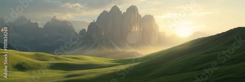 Serene sunrise over misty mountains and lush green hills in a tranquil landscape