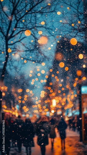 Evening stroll through a snowy street adorned with twinkling lights in winter