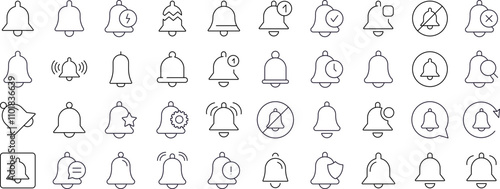 Bell with Items Icon Set for UI, Placards, Books, Apps. Editable Stroke. Suitable for Web Sites, Books, Cards, Apps