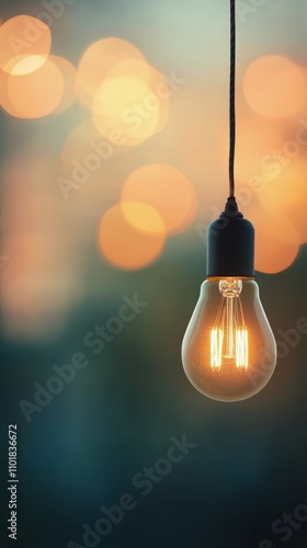 Bright light bulb hangs against a backdrop of soft bokeh lights during evenin...
