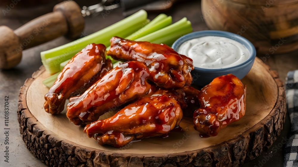 Spicy chicken wings glazed with barbecue sauce, served with celery sticks and ranch dip on wooden platter with garnish Spicy chicken wings glazed with barbecue sauce, served with celery sticks and ranch dip on wooden platter with garnish