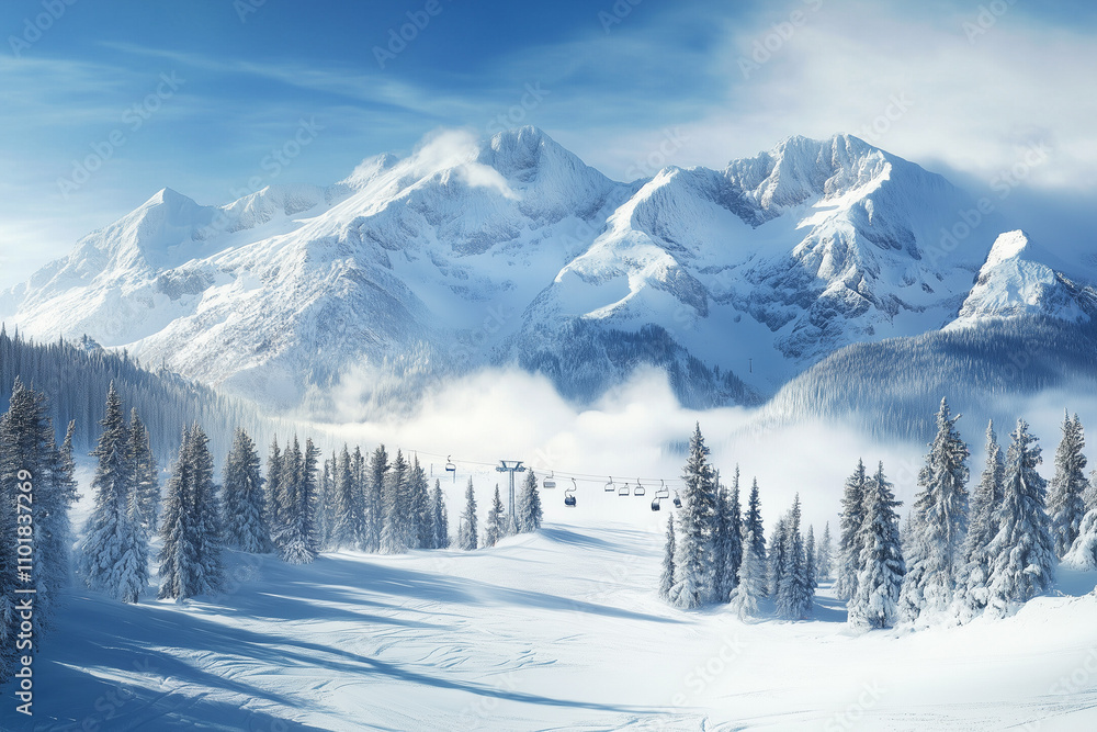 Snowy mountain landscape with pine trees and a ski lift. The snow-covered peaks and the bright blue sky create a stunning winter scenery. Snowy mountain landscape with pine trees and a ski lift. The snow-covered peaks and the bright blue sky create a stunning winter scenery.