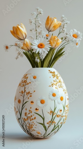 Decorative vase with yellow and white tulips against a neutral background