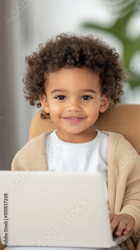 Child engaged with laptop in indoor setting during afternoon