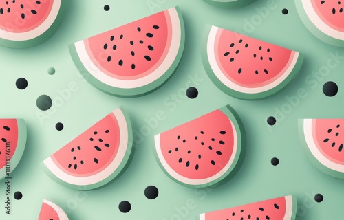 Colorful watermelon slices arranged on a mint green background with decorativ...