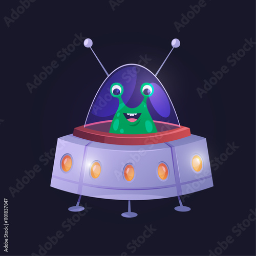 UFO personage floating in space, isolated space invader character. Vector alien in saucer with lights and antennas. Extraterrestrial creature flying in spacecraft, galactic creature in ship
